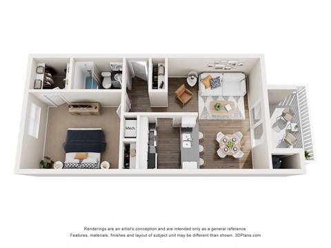 Floor plan for 1 bed, 1 bath, 595 sqft
